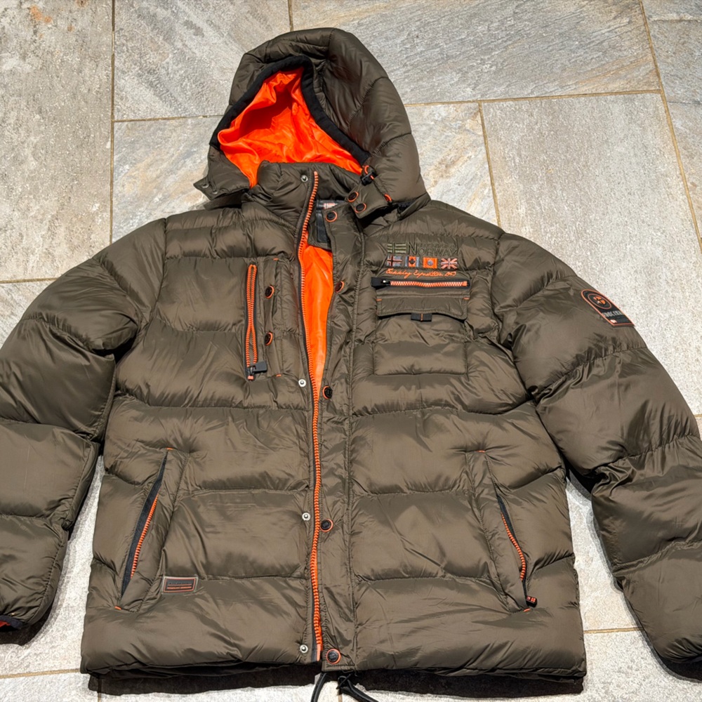 Men's Olive Puffer Jacket with Orange Lining